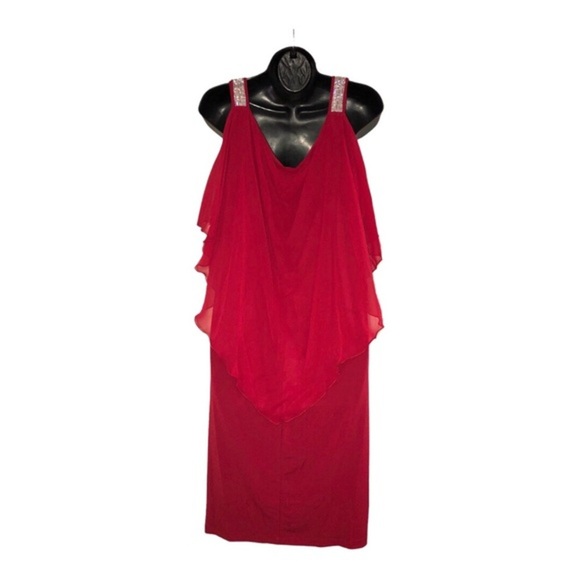 EnFocus red sheer cape sequin strap cold shoulder elegant plus size dress 14W - Picture 10 of 16